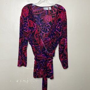 CHICO’S Travelers Top Purple & Pink Liquid Knit Surplice Neckline Sash Belt 14